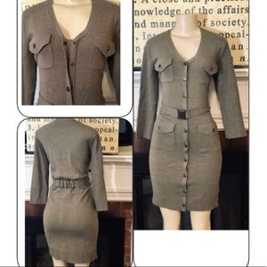 NEWYORK & CO TAN BUTTON BELTED SWEATER DRESS